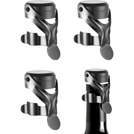 Bouchon Champagne Acier Inoxydable, Lot de 4 Garde Bulles Bouchon Bouteille Vin, Bouchon vin Silicone, Bouchon Bouteille Champagne (1/4)
