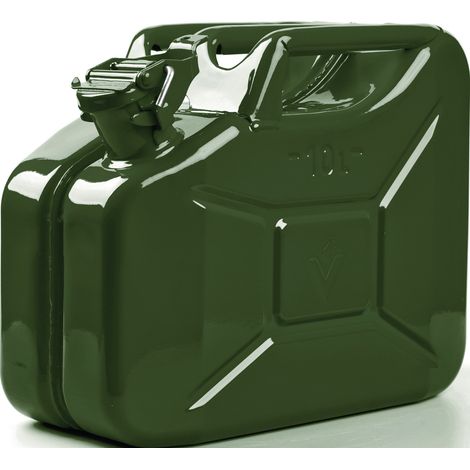 Bidone per carburante da 10 litri verde oliva RAL 6003, acciaio blu, spessore 0,9 mm, dimensioni L345xP165xH275 mm