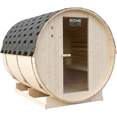 Home Deluxe – Sauna extérieur en tonneau LAHTI XL pour 4 personnes – Dimensions : 189 x 191,5 x 220 cm – Poêle 8 kW inclus – Bois épicéa naturel
