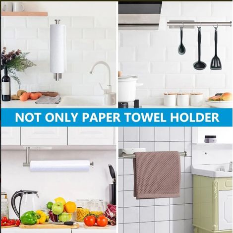 Porte-papier essuie-tout de cuisine, sans perçage, support mural/sur pied en acier inoxydable 304, porte-papier toilette, fond carré, porte-papier essuie-tout long - argent (1/5)