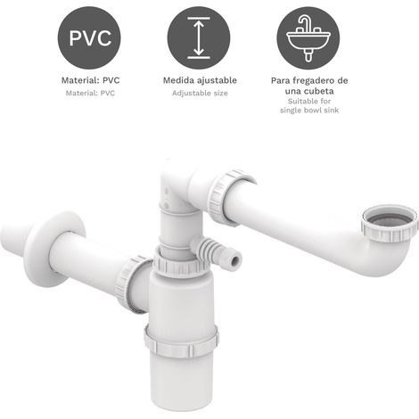 Sifón universal salva espacio con desagüe compacto Ø50 mm y adaptador Ø40 mm, diseño versátil y acoplable a válvulas G1 1/2 para máxima optimización