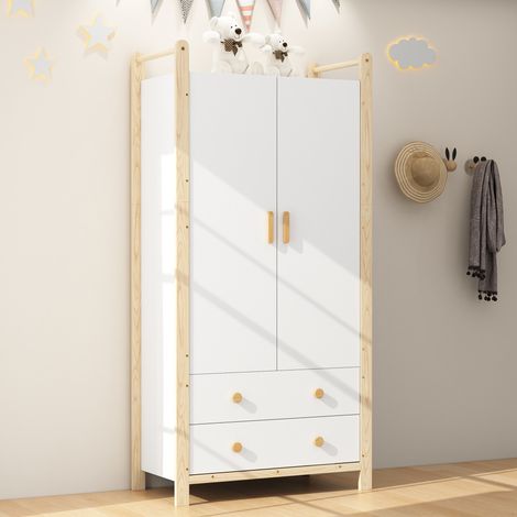 Armadio 89.6x44x180.5 cm bianco e naturale in legno massello e MDF con asta appendiabiti e 2 cassetti (1/5)