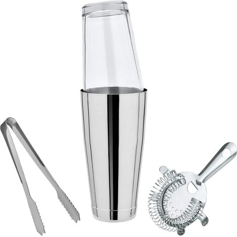 Boston Shaker, Set Klein - Cocktail Shaker mit Mixing Glas, Sieb & Eiswürfelzange