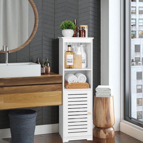 Armoire de rangement multifonctionnelle blanche pour salle de bain avec 1 porte et 3 étagères, meuble de rangement autoportant, 20 x 25 x 80 cm (1/5)