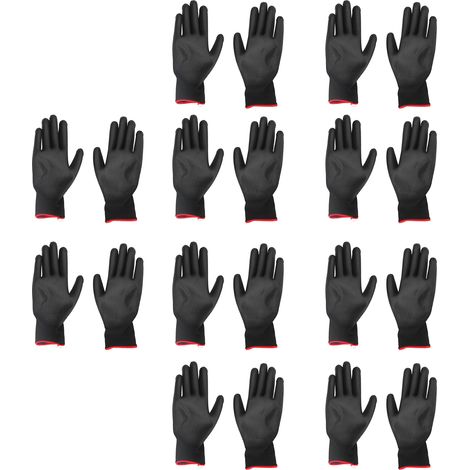 Lot de 10 paires de gants de sécurité en nylon enduit de PU antistatique, noirs universels avec bordure rouge, taille 7 (taille S). (1/5)