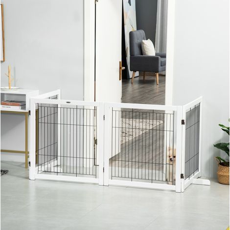 Cancelletto di sicurezza per cani in legno di pino e rete in acciaio bianco 305 x 35,5 x 82 cm (1/5)