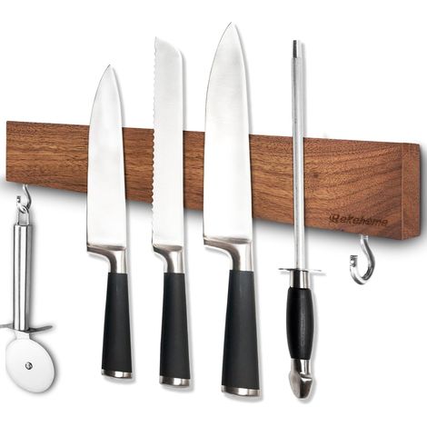Barre magnétique pour couteau, 40 cm, en bois de noyer, porte-couteaux magnétique, sans perçage, avec aimant extra puissant, blocs de couteaux non équipés (1/5)
