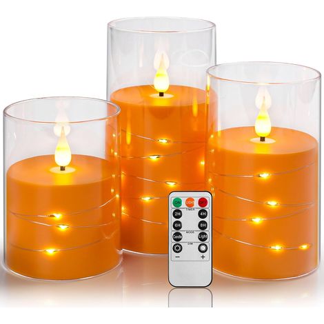 LED-Kerzen, orange, batteriebetrieben, mit integrierter Lichterkette, 3 flammenlose Kerzen, 24-Stunden-Timerfunktion, tanzende Flamme, echtes Wachs (1/5)