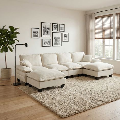 Sofá modular en U 332x151x90 cm beige de chenilla con otomana móvil y apoyabrazos extraíbles (1/5)