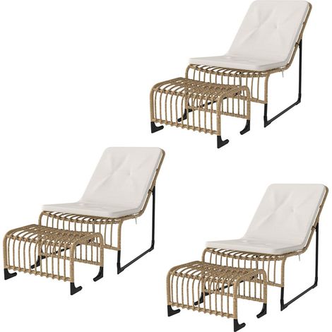 3er-Set rattan Relaxsessel mit Fußhocker UV-beständig Gartensessel mit Kissen Bänder Outdoor Rattanstuhl Gartenstuhl für Garten, Balkon, Terrasse Naturholz