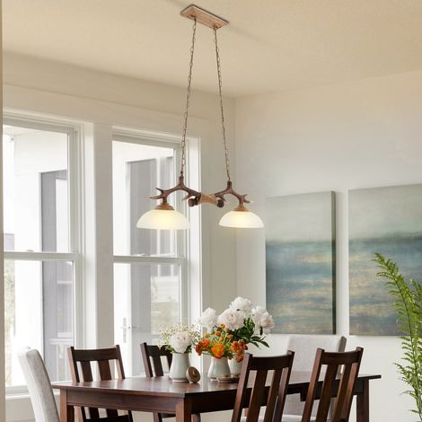Kronleuchter-Beleuchtung mit 2 Leuchten, brauner rustikaler ländlicher Stil, Geweih-Kronleuchter, Kunstharz, künstliches Hirsch, Bauernhaus-Licht für Esszimmer, Küche, Insel, Eingangsbereich