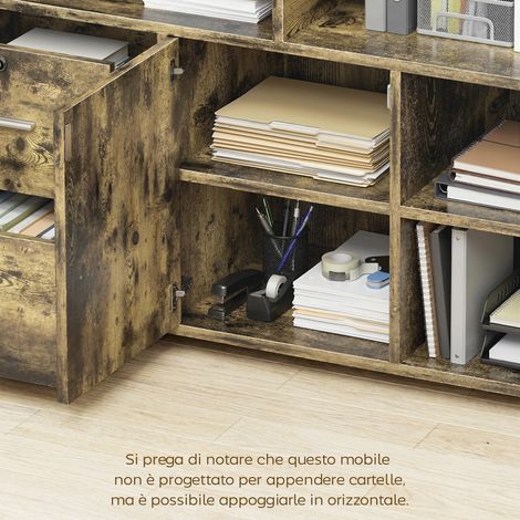 Étagère roulante en bois brun 100x35x65 cm, 2 tiroirs, 3 rayonnages et 2 placards, parfaite pour atelier ou bureau (1/5)
