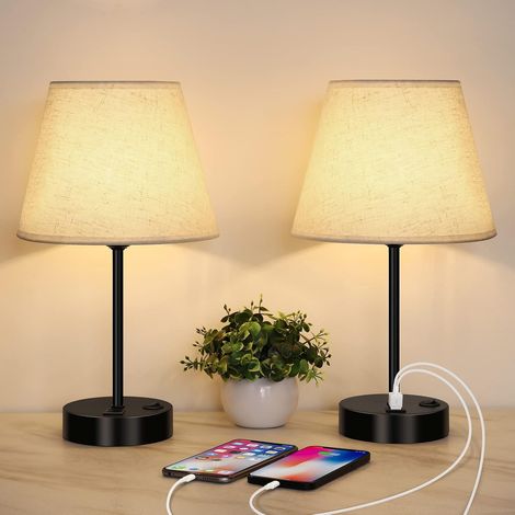 2 Pack Small Bedside Lamp with 2 USB Ports, E27, Table Lamp with Metal Base and Linen Lampshade for Bedroom, Living Room, Office (1/5)