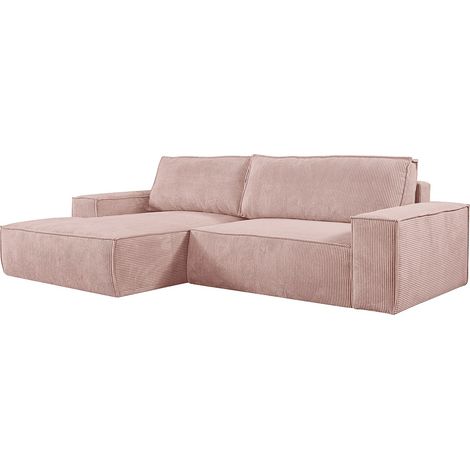 Vente-Unique – Canapé d'angle gauche convertible 4 places en velours côtelé rose poudré – Coffre de rangement – Dossier déhoussable – 267 cm