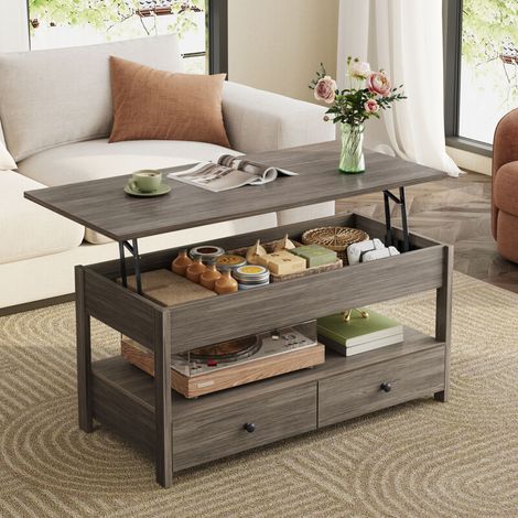 Table basse havenlyhome avec plateaurelevable, table de salon avecetagere,compartiment cache, pour salonbureau,106x49x48 cm, gris