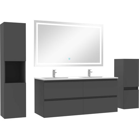 Ensemble meubles Salle de Bain 120cm double vasque + colonne + miroir LED Anthracite (1/5)