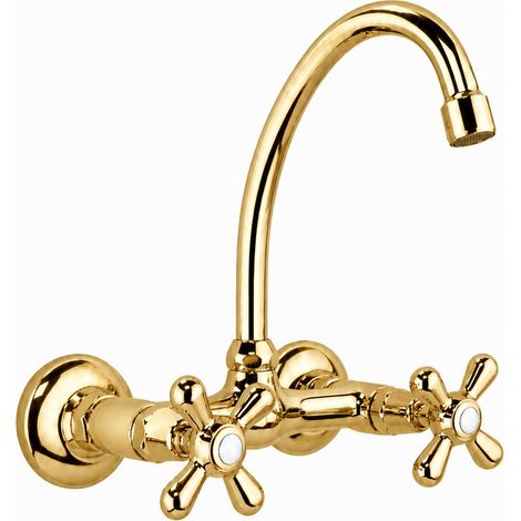Rubinetto per lavello a muro con bocca alta e doppia maniglia Oro lucido Piralla Sofia 0SFOR063A26 Oro (1/4)