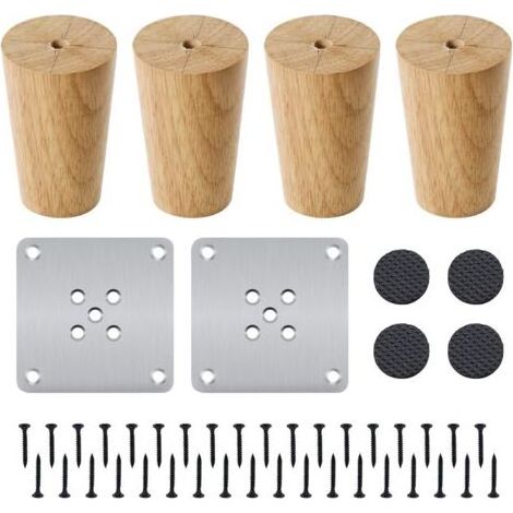 Lot de 4 pieds de meubles en bois massif droits de 8 cm avec plaque de montage, vis et tapis antidérapants pour canapé, table, chaise, meuble à thé (1/5)