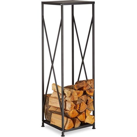 Etagère de Cheminée Rangement bûches Bois Acier Panier Porte-bûches HxlxP: 111x34x34 cm, Noir (1/5)
