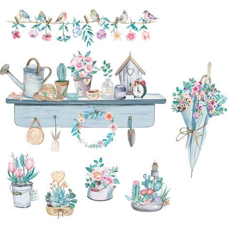 Lntyq Stickers muraux FLEUR & TABLETTES MURALES bleu (85x78 cm) I autocollant sticker mural oiseaux pot de plantes I Déco pour salon chambre cuisine couloir chambre d'enfant (1/5)