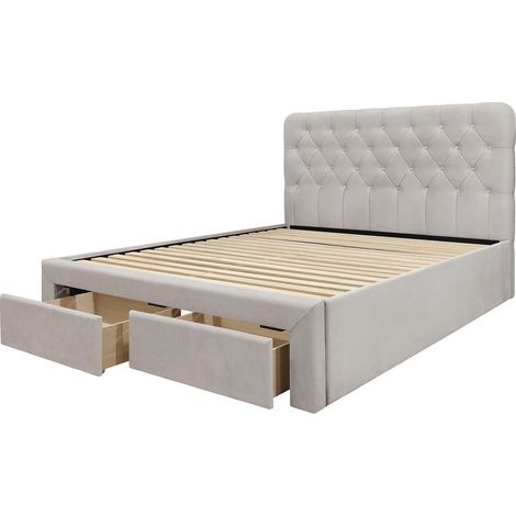 Lit en velours beige 160 x 200 avec tête de lit capitonnée et tiroirs Freesia (1/3)