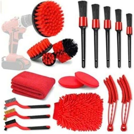 18-teiliges Bohrmaschinenbürsten-Set, Reinigungsset für Bohrmaschinenbürsten, Bohrmaschinenbürste für Badezimmeroberflächen, Böden, Badewannenfliesen und Autos (Rot)