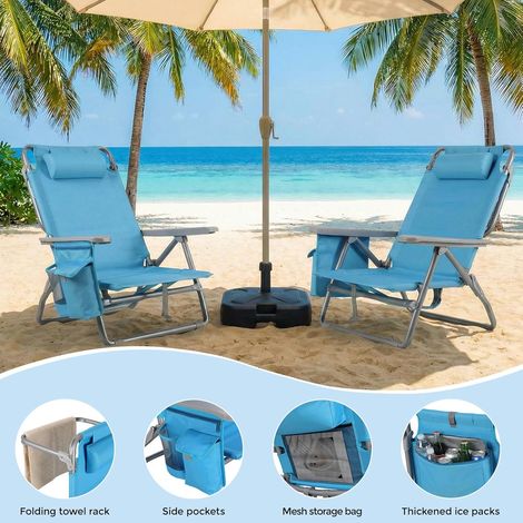 Strandstuhl Klappbar Leicht 2er Set, Rucksack Klappstuhl Strand, Campingstuhl Kann Flach Liegen,bis 150 kg belastbar, Outdoor Faltstuhl mit Verstellbarer Hohe Rückenlehne, Eisbeutel,Blau