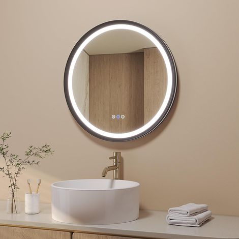 Runder Φ60 cm LED Spiegel mit Alu-Rahmen Doppelbeleuchtung Touch Steuerung Antibeschlag Speicherfunktion Schutzklasse IP44 und modernes Schrägdesign Schwarz