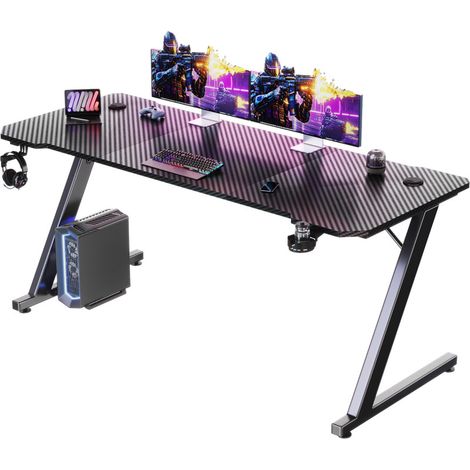 Devoko Carbonfaser-Gaming-Tisch 120 x 60 cm großer Computertisch PC-Gaming-Tisch für das Homeoffice, Gaming-Tisch mit Metallgestell, Kabelablage und Kopfhörerhalterung (schwarz)