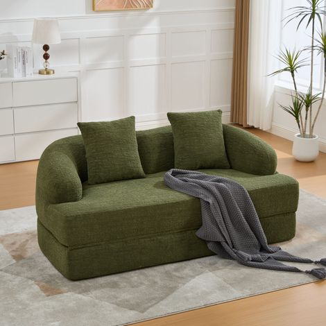 Neche Canapé lit 2 places 2-en-1 avec 2 coussins,Tissu en Chenille Vert,Convertible en lit double pour salon,157x84x65cm (1/5)