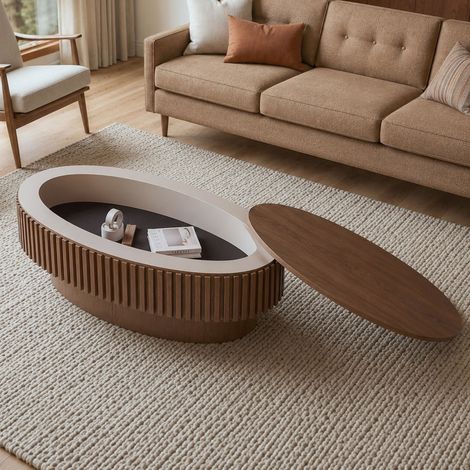 Table basse ovale cannelée de 98 cm avec rangement dissimulé, table basse moderne en placage bois massif, facile à monter, idéale pour le salon, la chambre, un appartement ou un bureau, en noyer. (1/5)