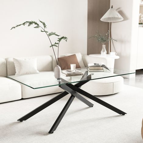 Rechteckiger Couchtisch 46x120x60 cm aus gehärtetem Glas mit schwarzen Metallbeinen, modernes Design, Schwarz