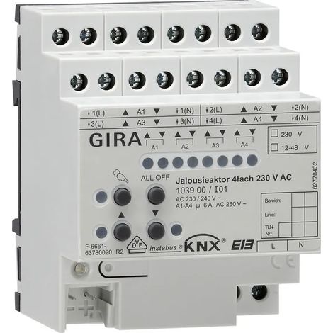 Gira Actuador de persianas 4 veces AC 230 V Manual KNX REG [103900], 1039 00