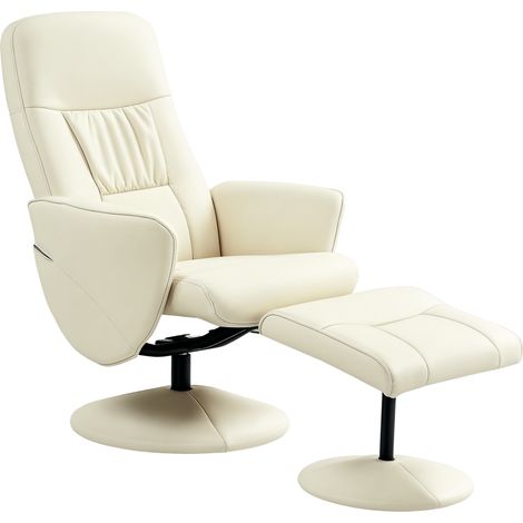 Swivel Recliner Chair with Footstool, PU Leather Armchair and Ottoman with High Back and Round Base for Living Room, Cream White
