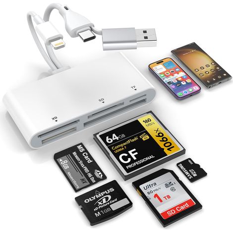 5-in-3-Speicherkartenleser, USB-OTG-Adapter Lightnin-Typ C-USB A auf SD/TF/CF/Micro SD/XD/MS, Multi-Kartenleser für iPhone/iPad/Android/MacBook/PC mit Windows/Mac/Linux/Android