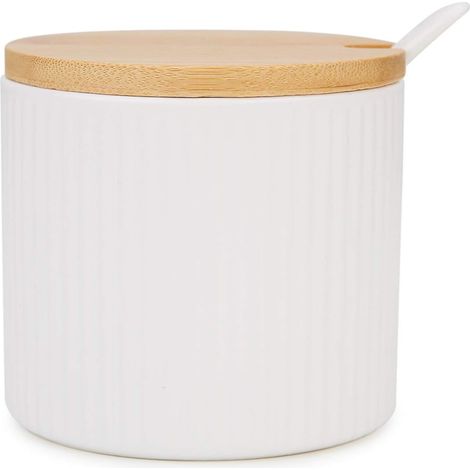 Sucrier en céramique blanc avec cuillère assortie, usage cuisine et table (1/5)