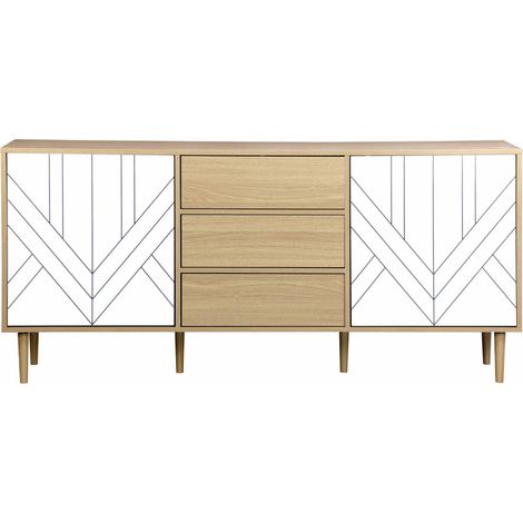 Buffet de rangement décor bois et blanc - Mika - 2 niveaux. 2 portes. 3 tiroirs. buffet bas. L 160 x l 40 x H 74cm (1/5)
