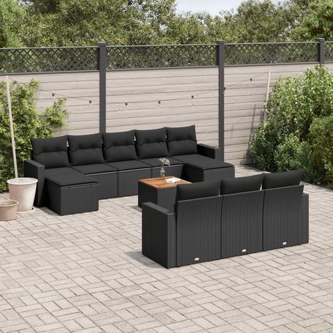 Salon de jardin modulable 11 pièces en résine tressée noire avec meuble bas en bois d'acacia - PANGIVO (1/3)