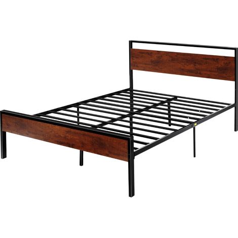 Cadre de lit Queen Size 35 cm, structure en métal noir avec tête et pied de lit en bois brun rétro, espace de rangement sous le lit, antidérapant et silencieux, sans sommier requis, assemblage facile. (1/5)