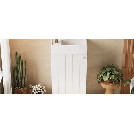 Meuble vasque mural blanc et bois en MDF et céramique avec finition résistante à l humidité (1/5)