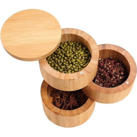 Pot à épices en bois à trois niveaux de style européen, boîte de rangement magnétique rotative pour poivre et café. (1/5)