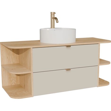 Meuble de salle de bain suspendu avec niches, vasque à poser ronde et robinet - Beige et naturel clair - 120 cm - LAVENA (1/5)