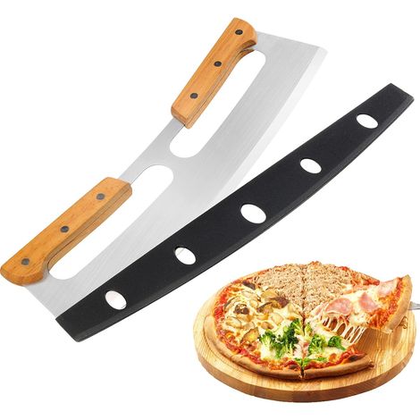 Cuchillo para pizza Rocker con mango de madera y funda protectora, cortador de pizza afilado de acero inoxidable, cuchillo grande para pizza, herramienta de cocina (acero inoxidable engrosado, color o (1/5)