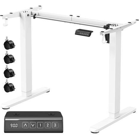 Bureau Électrique Réglable en Hauteur, Cadre de Bureau Assis-Debout, Support de Table, sans Plateau de Table, avec 2 Crochets, Fonction Mémoire 3 Hauteurs, Acier, Blanc Mat (1/5)
