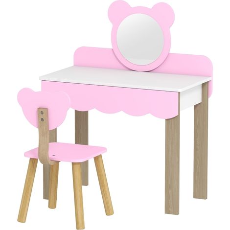 Tocador infantil con taburete y espejo acrílico en forma de oso MDF rosa HOMVRA (1/5)
