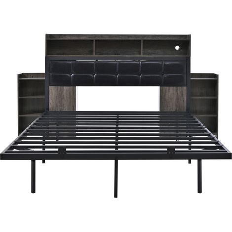 Doppelbett 140x190 cm mit Lattenrost, 2 ausziehbaren Nachttischen, USB-C, USB, LED, Grau (1/5)
