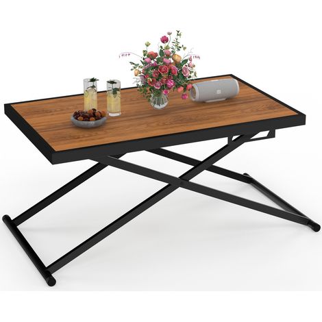 Gartentisch mit 3-facher Höhenverstellung OLIE 100 cm aus schwarzem Metall und Holzplatte