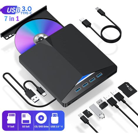 Lecteur CD/DVD externe USB pour ordinateur portable, lecteur DVD USB 3.0, graveur CD/DVD portable, lecteur CD-ROM/DVD externe (1/5)