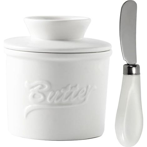 Pot Beurre Français Porcelaine avec Couvercle, Couteau Beurre, Beurrier Fromage Céramique pour Beurre Mou, Beurrier Eau avec Refroidissement, Récipient Beurre, Conteneur Conserve Beurre Rond(Blanc) (1/5)