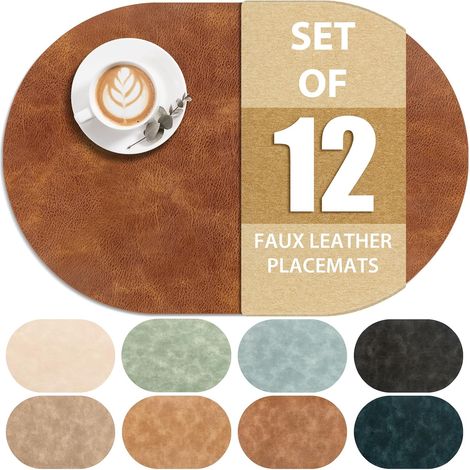 Lot de 12 sets de table ovales résistants à la chaleur, lavables, 30,5 x 43,2 cm, imperméables et faciles à nettoyer pour cuisine, salle à manger, marron curcuma'Marron Curcuma 12Pcs, 12" x 17"'Marron (1/5)